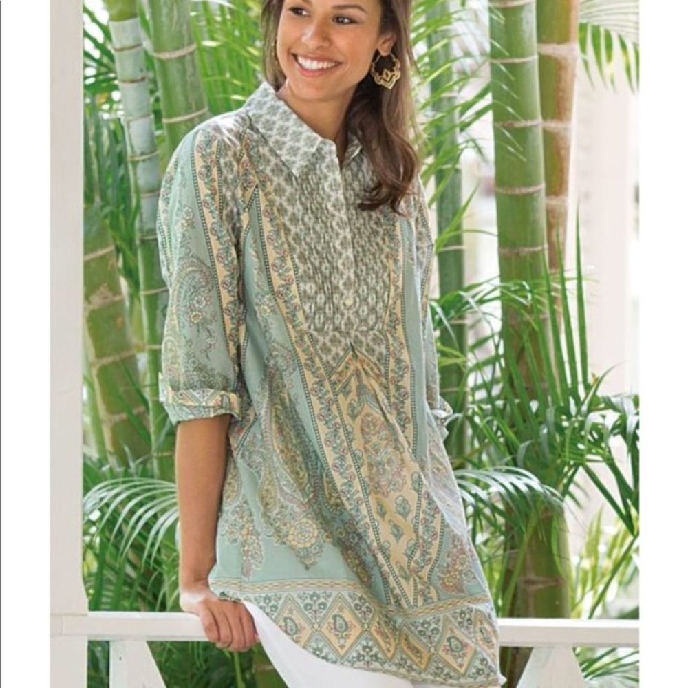 Soft Surroundings Tunic Top Medium M Blue Cream Paisley Popover Shirt Blouse